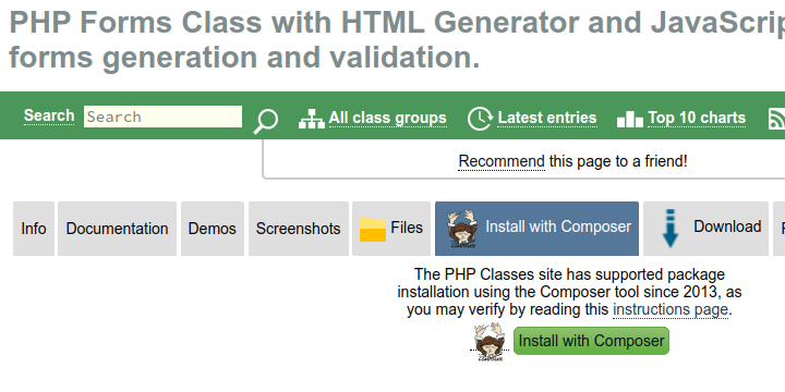 PHPClasses Install with Composer Tab